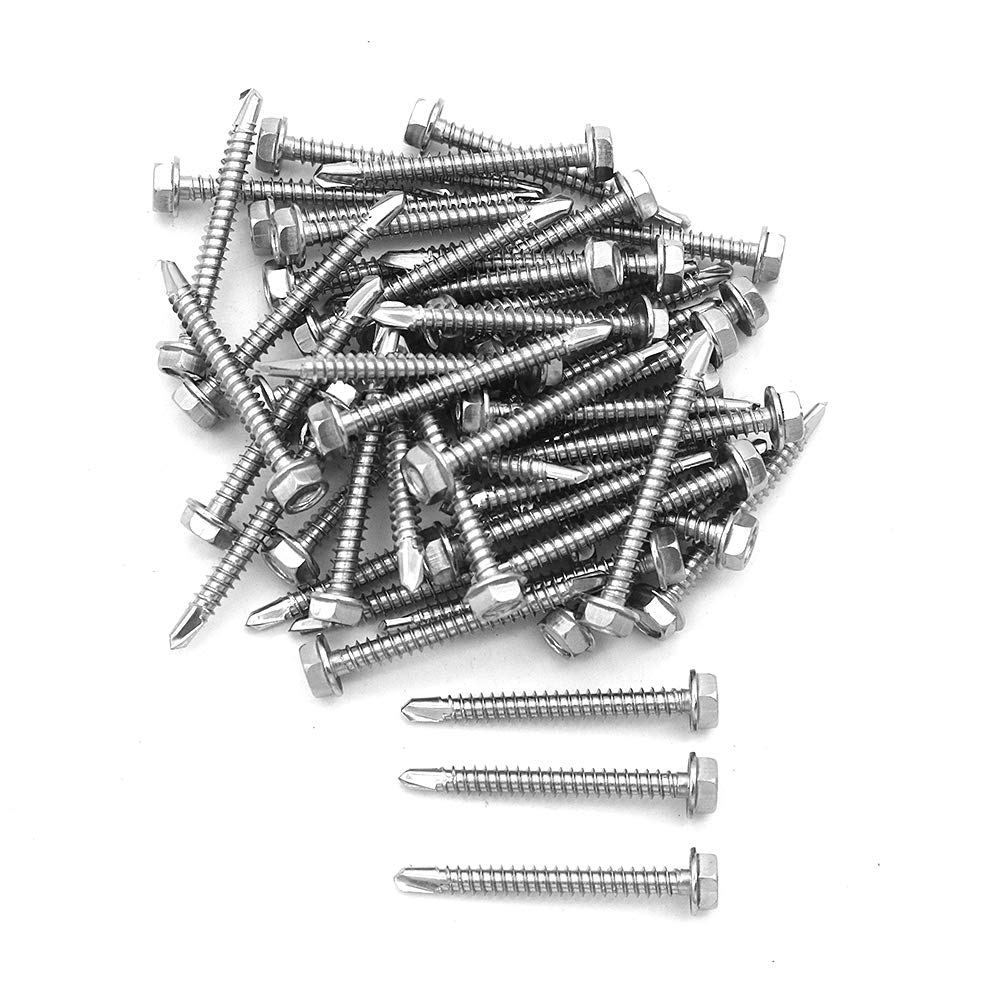 50 Pieces NUZAMAS 4.2 x 38mm Thread 304 Stainless Steel Self Drilling Tek Screw with Washer, for Wood, Metal Fastened