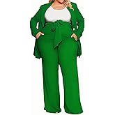 Fuiuwhs Plus Size Suits for Curvy Women Open Front Long Sleeve Blazer Elastic Waist Solid Straight Leg Pant Set Suits