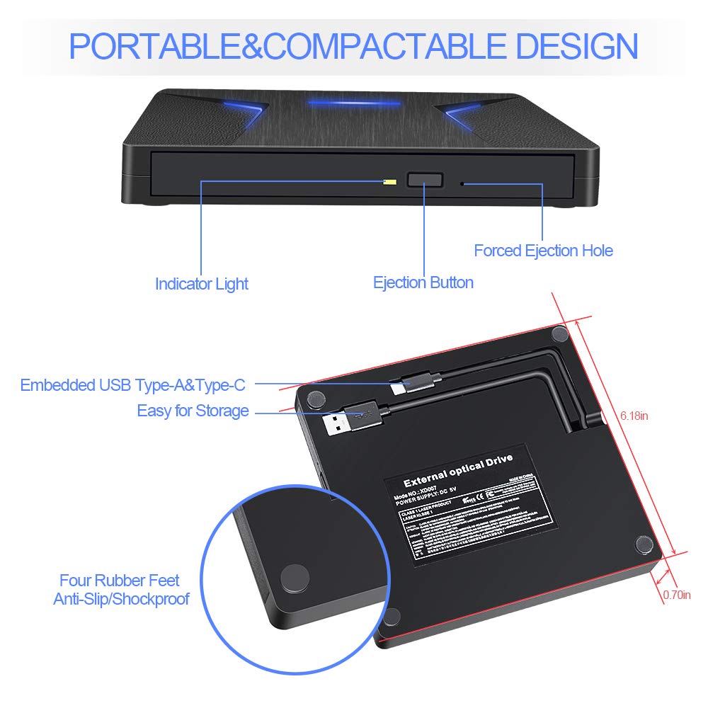 External CD DVD Drive USB C USB 3.0 Dual Port Portable CD DVD /-RW Drive,High Speed Data Transfer External Optical Drives for Windows10/MacBook/Desktop/Laptop (Black)