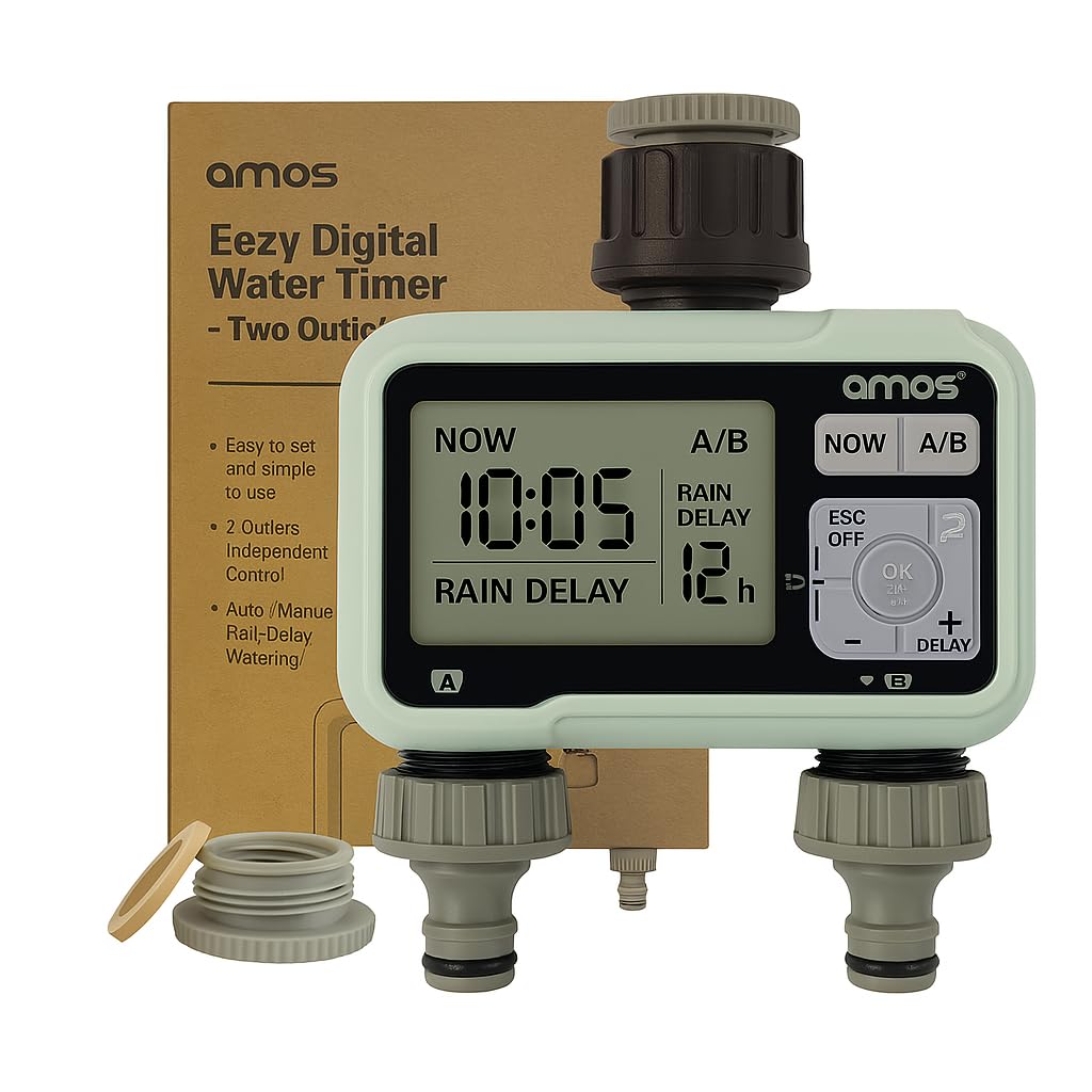 AMOS Digital Water Timer – Programmable Garden Irrigation Controller with LCD, Auto/Manual Modes, Rain Delay, Child Lock – Hose Sprinkler System for Lawn, Plants & Outdoor Watering