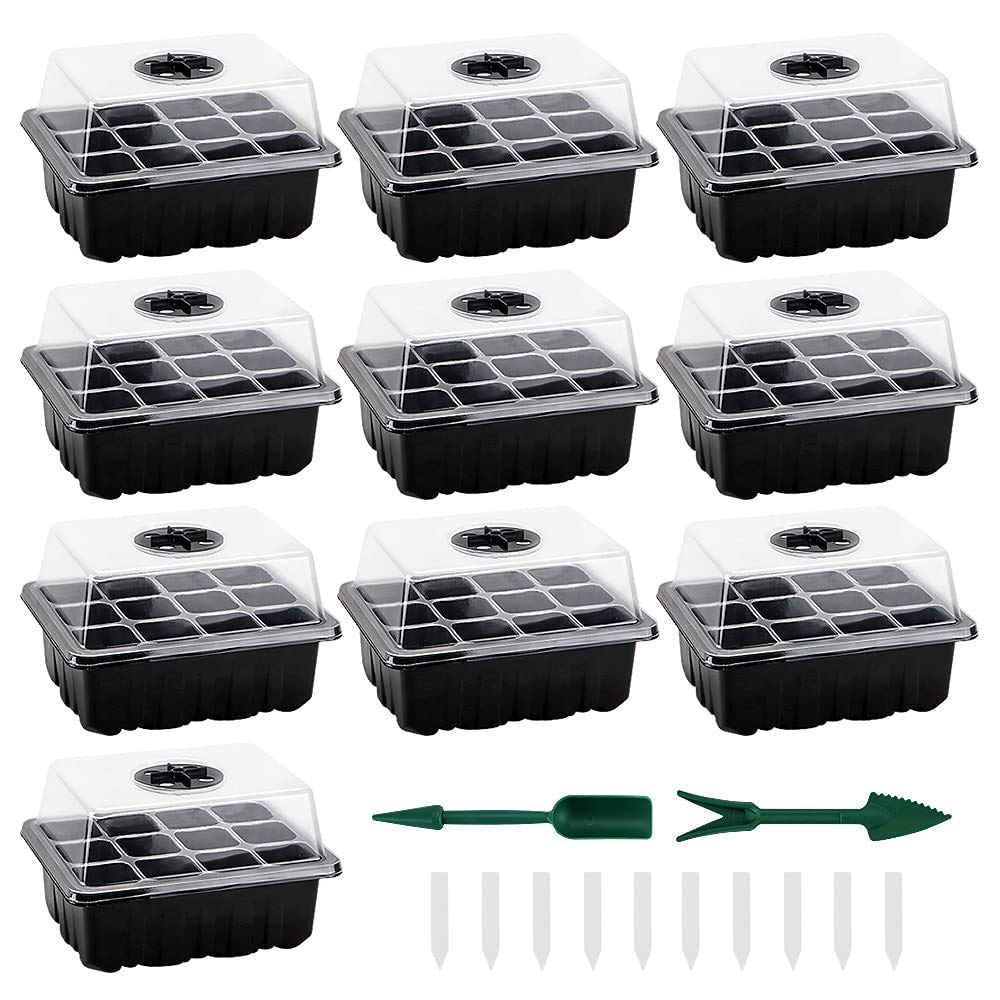 Seed Trays 10-Pack, Sturdy Seed Starter Tray Kit with Humidity Adjustable Dome Lid & Base, Mini Propagator Greenhouse Plant Growing Trays for Seeds Germination -12 Cells Per Tray