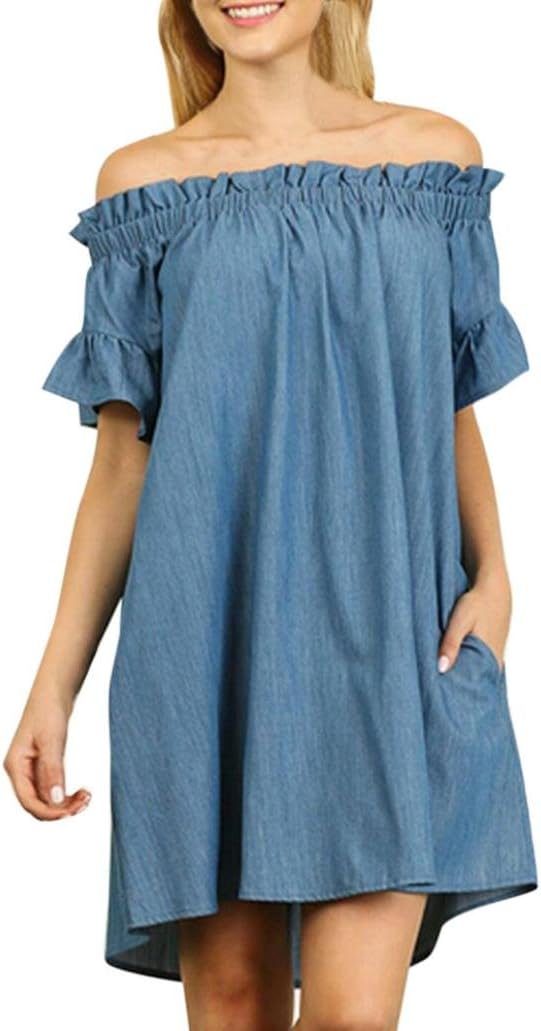 CUCUHAM Plus Size Womens Off The Shoulder Bardot Denim Look Shirt Dress Tops