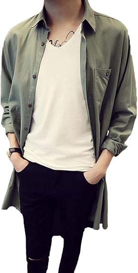 Amazon Piite メンズ ロング丈 カーディガン カジュアルシャツ コーディガン 長袖 ジャケット ワイシャツ オーバー ワイシャツ メンズ ナチュラル デザイナーズ メンズ オリーブ シャツ 通販