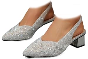 Women's Glitter Slingback Pumps, Sparkly Low Block Heel Party Shoes Pointed Toe Low Heels for Wedding Party Prom Dressy