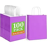 BagDream 8x4.25x10.5 Inch 100Pcs Purple Gift Bags Medium, Kraft Paper Bags with Handles Bulk for Welcome Party Favors, Baby Shower, Goody, Treat, Retail, Grocery Paper Sacks