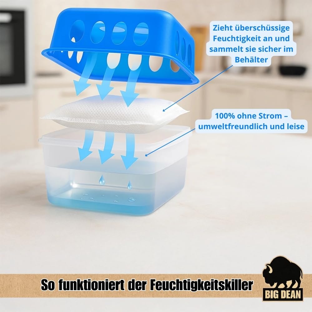 BigDean 4x Luftentfeuchter Feuchtigkeits-Stopper mit 8 x 400g Nachfüll-Beutel Granulat – Feuchtigkeitskiller Raumentfeuchter nachfüllbar + wiederverwendbar ohne Strom 3