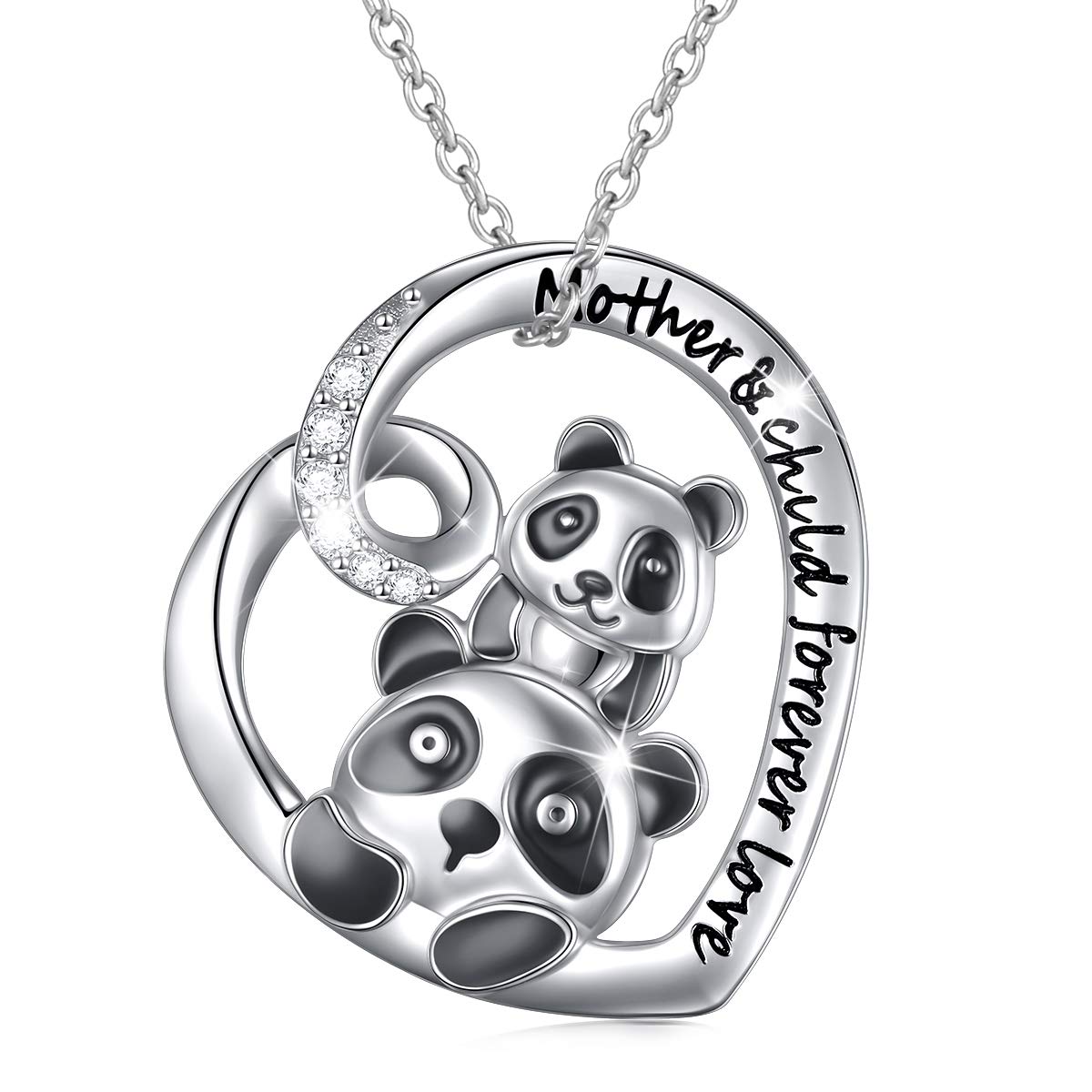 DAOCHONG Panda Necklace 925 Sterling Silver Panda Mother Daughter Forever Love Heart Necklace Mother Daughter Jewelry Christmas Valentines Birthday Gifts for Women,18 inches