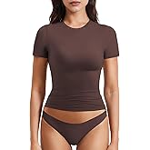 YEOREO Women Fitted Workout Tops Short Sleeve Double Lined Basic Y2K Going Out Crew Neck Compression Crop Top