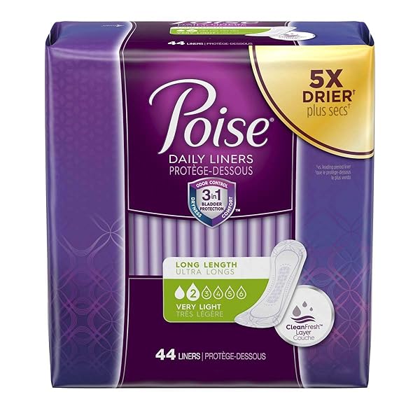 POISE INCONTINENCE PANTY LINERS, VERY LIGHT ABSORBENCY, LONG, 44 COUNT