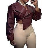 RISCUYY Cropped Jacket Women Faux Leather Irregular Hem Lapel Long Sleeve Burgundy Cropped Leather Bomber Jacket Women 2026