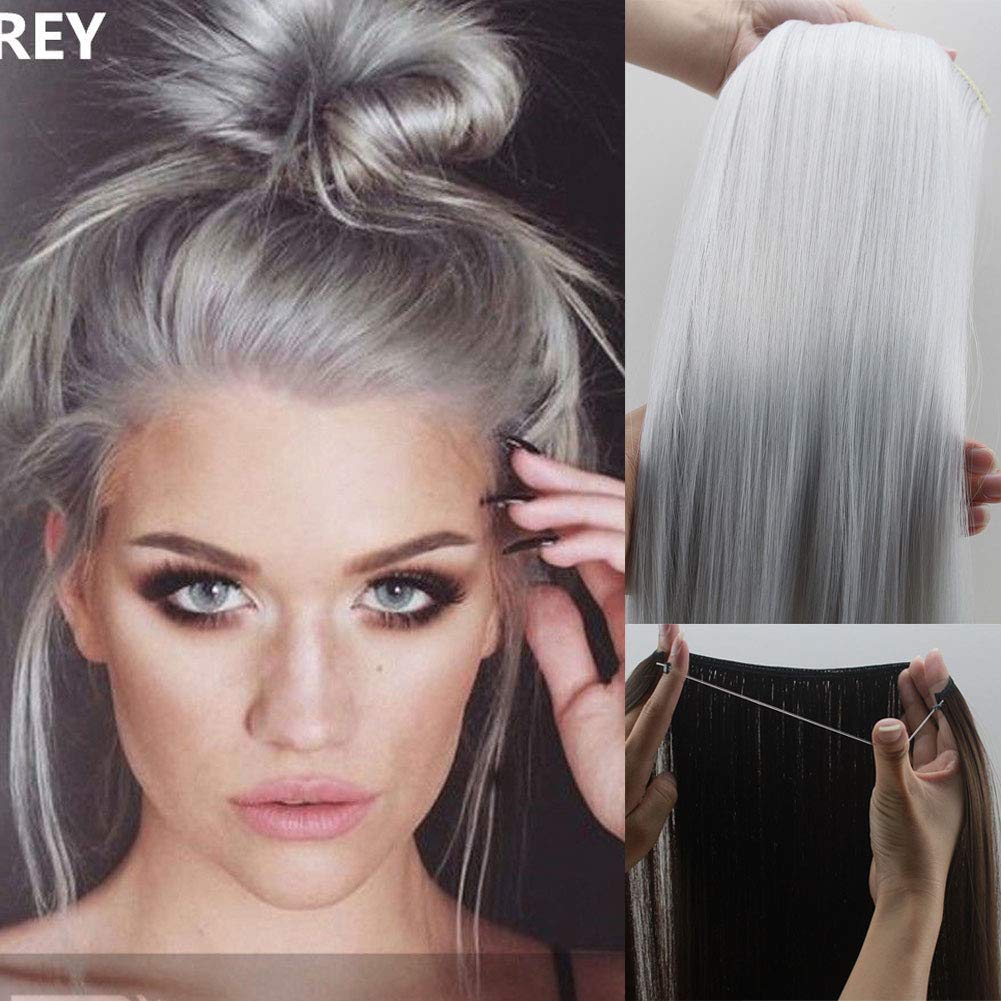 Silver Gray Hair Extensions Halos Secret Invisiable Flip Hidden Wire Crown Natural Straight Long Synthetic Hairpiece For Women Japan Heat Temperature