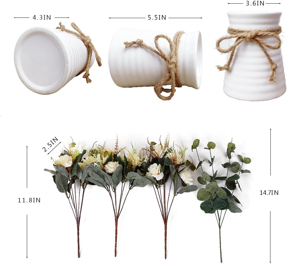 YILIYAJIA Artificial Flowers in Vase Silk Rose Flower Arrangements Fake Faux Flowers Bouquets with Ceramics Vase Table Centerpieces for Dinning Roon Table Kitchen Decoration (Champagne): Home & Kitchen
