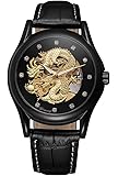 MASTOPWatches Mens Luxury Leather Men Automatic Mechanical Watch Dragon Collection Gold Skeleton Wrist Watch