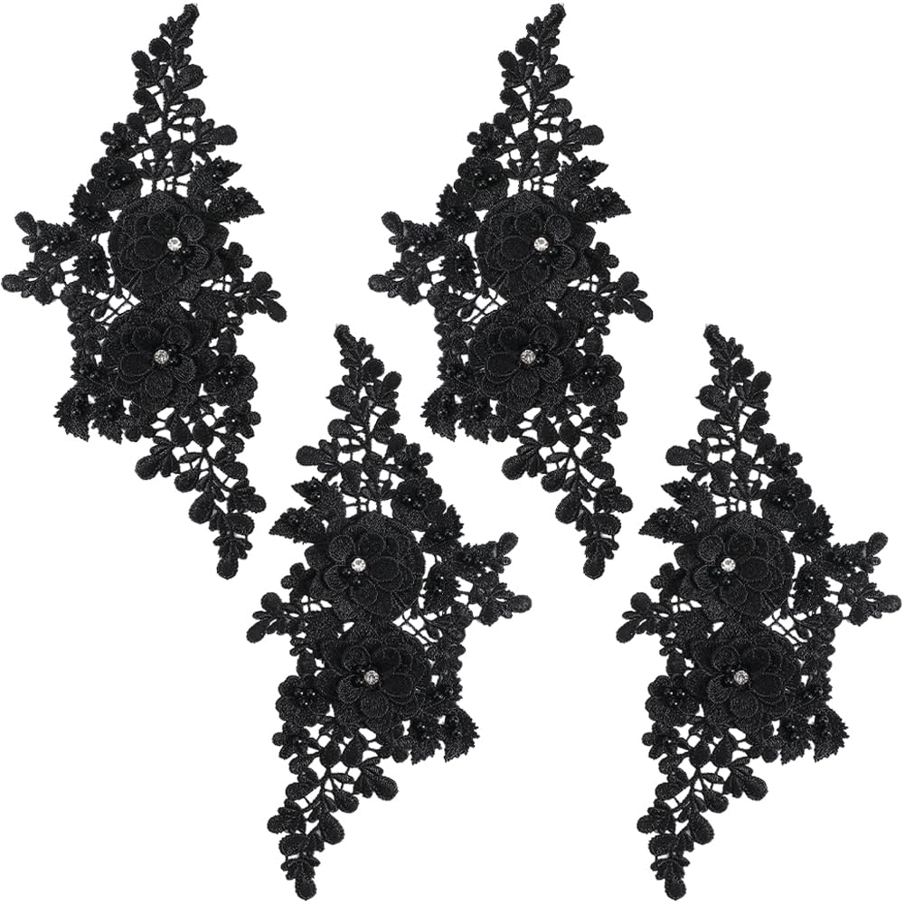 CABODYALS 4Pcs Black Lace Bead Flower Applique 3D Floral Rhinestone Beaded Appliques Embroidery Polyester Crystal Pearls Sew on Patches for Sewing Making Dresses Cloth Home Decor Wedding Diy Craft