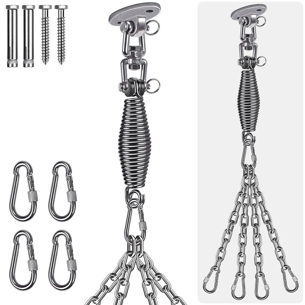 BeneLabel Swing Hanger,Hammock Chair Ceiling Hook 360 Swivel Mounting Bracket Carabiner Spring with 4x37cm Chain Hardware Set for Wood/Concrete Yoga Rope/Aerial Hoop/Punching Bag Suspension Kit,350lbs