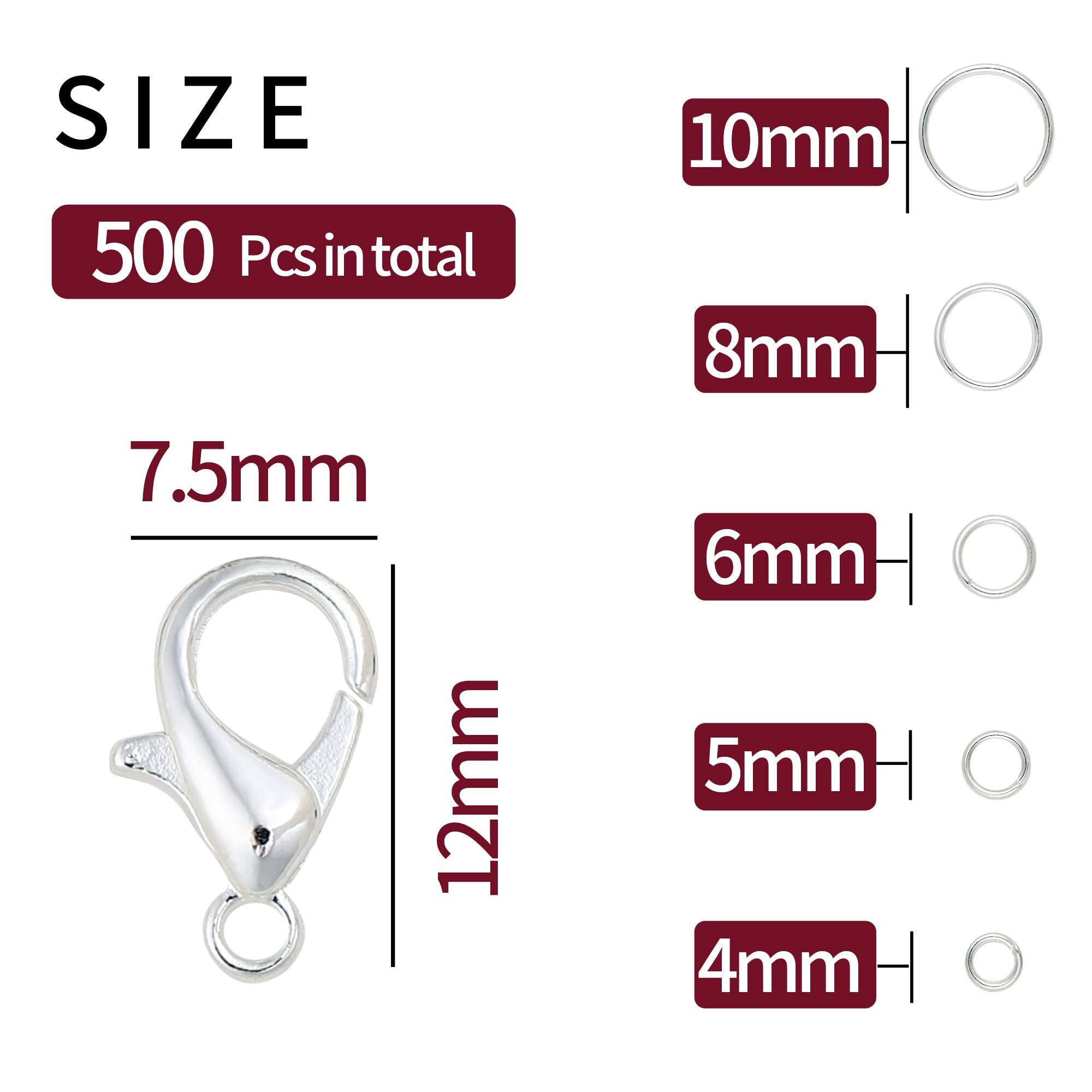 5 Sizes Silver and Gold Open Jump Rings, 500PCS O Rings and Lobster Clasps, Small and Large Jump Rings for Jewelry Making and Keychains