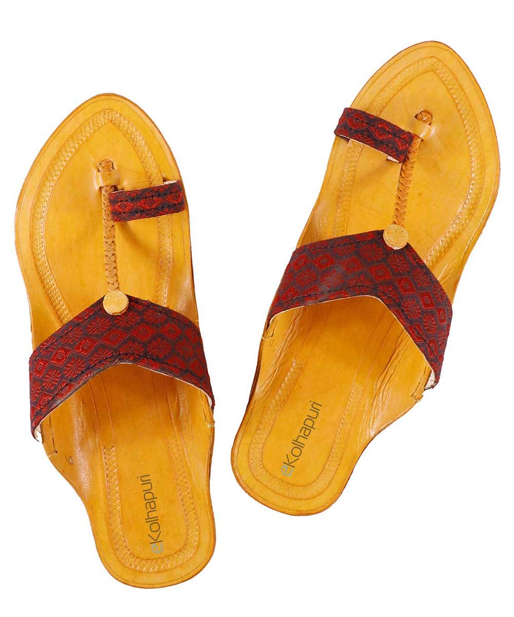 Amazon.com: KALAPURI Unique and authentic Red Kolhapuri chappal with guledgudda khun fabric 