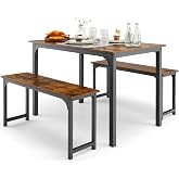 GIANTEX Dining Table Set for 4, Industrial Kitchen Table Set w/ 2 Benches, Space-Saving Dinette Set for Breakfast Nook, Dining Room, Kitchen, Easy Assembly (Mix Brown)
