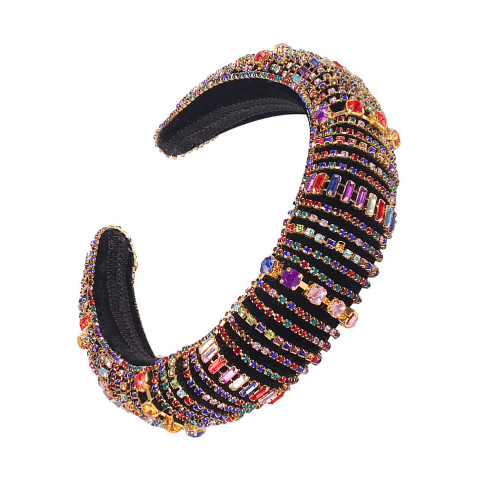 FRCOLOR Rhinestone Wide Headband Baroque Headband Padded Headband Elastic Crystal Headband Bejewelled Statement Headband for Bride Women Wedding Girls (Colorful 2)