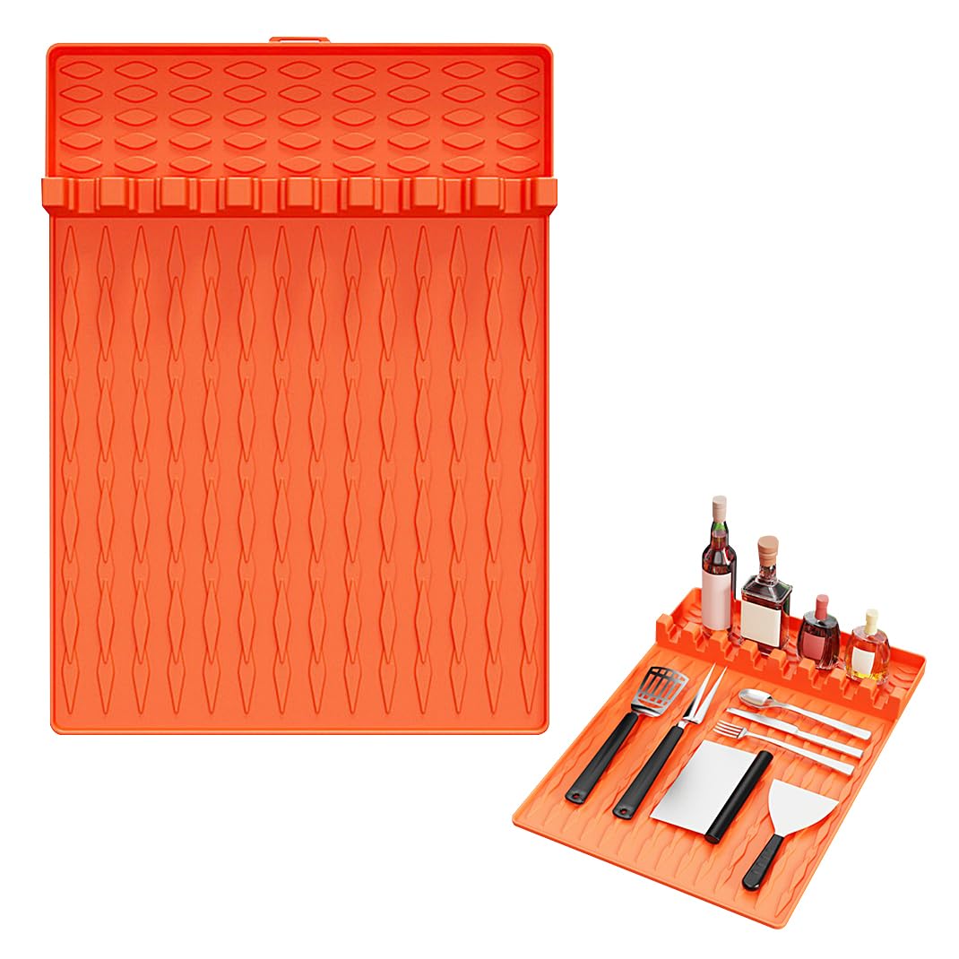 DIYBravo Silicone Griddle Tools Mat for Blackstone Side Shelf Mat Grill BBQ Caddy Utensils Holder Spatula Mat with Drip Pad Blackstone Griddle Accessories for Cooking Grilling Kitchen (Orange)