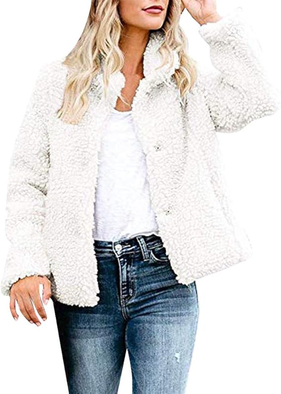 LHVUOA Womens Warm Fuzzy Fleece Pockets Button Down Fluffys Jackets Outerwear White