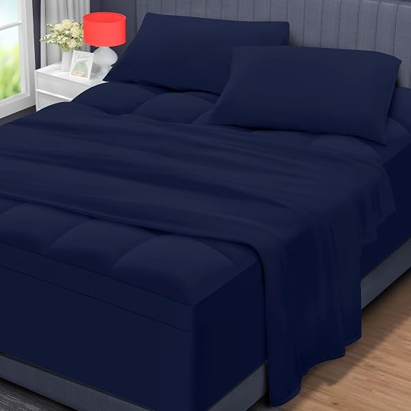 MASVIS KING SIZE MATTRESS TOPPER FOR BACK PAIN – SOFT FLAT SHEET AND PILLOWCASES – EXTRA THICK MATTRESS PAD COVER – OVERFILLED PILLOW TOP – 4 PIECE SET – NAVY BLUE