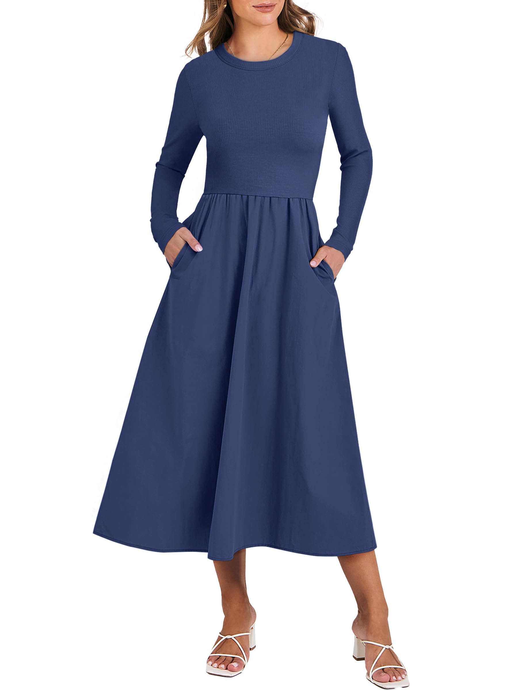 Photo 1 of ANRABESS Women's Long Sleeve Midi Dress 2025 Fall Fashion Patchwork Ribbed Knit Tight Top Casual Flowy Swing Dresses Pockets Navy Blue Large