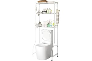 ONROCL Over The Toilet Storage, 3-Tier Over Toilet Bathroom Organizer with Adjustable Shelves and Basket-Shelf, Space Saver Metal Toilet Shelf with Hooks, Roll-Holder and Hanging Bag (White)