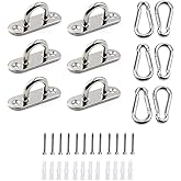 HOMPER 6Pcs M5 304 Stainless Steel Oblong Pad Eye Plate and 6Pcs Carabiner Clips, Marine Hardware Staple Hook Loop with 12 Screws and Plastic Plugs