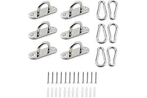 HOMPER 6Pcs M5 304 Stainless Steel Oblong Pad Eye Plate and 6Pcs Carabiner Clips, Marine Hardware Staple Hook Loop with 12 Screws and Plastic Plugs