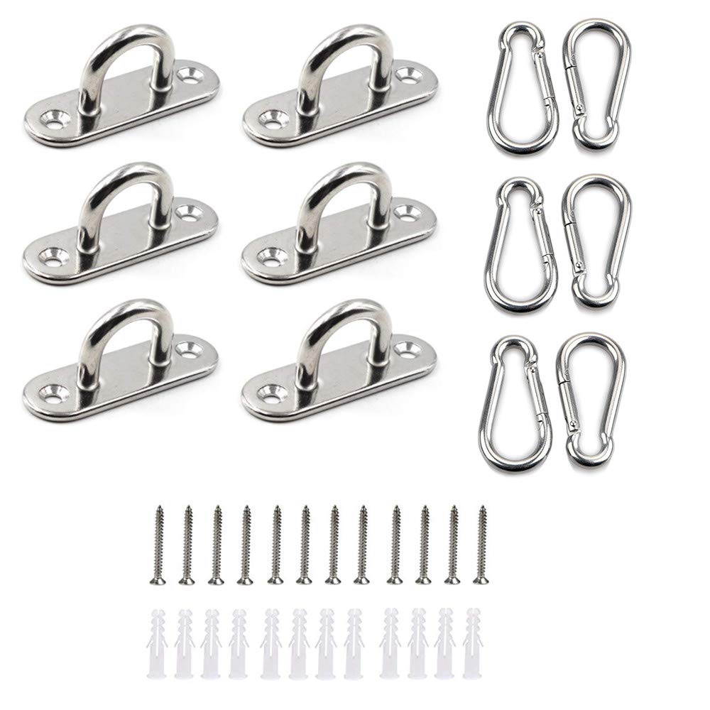 HOMPER 6Pcs M5 304 Stainless Steel Oblong Pad Eye Plate and 6Pcs Carabiner Clips, Marine Hardware Staple Hook Loop with 12 Screws and Plastic Plugs