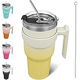 BJPKPK 40oz Tumbler With Handle Insulated Tumbler Cups With Lid And Straw Reusable Stainless Steel Double Wall Travel Mugs,Lemon