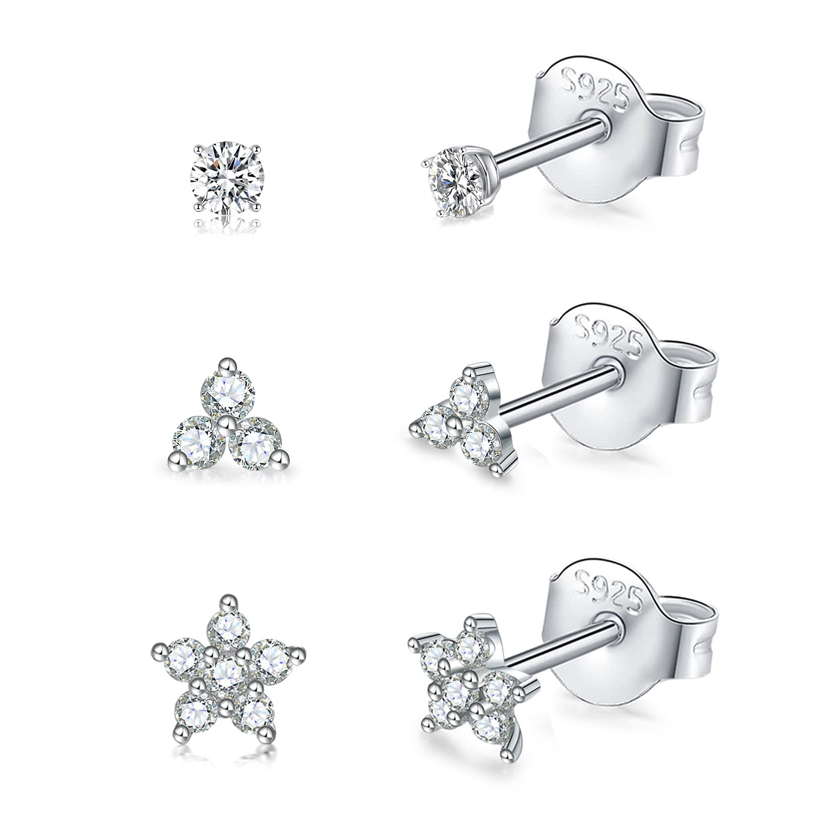 CERSLIMO 3 Pairs Silver Stud Earrings for Women Girls, Tiny Flower Earrings Set | Small Cubic Zirconia Helix Earrings Dainty Tragus Cartilage Trio Studs Cherry Blossom Ear Piercing Jewelry Gifts