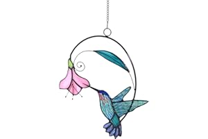 Lolitarcrafts Stained Glass Hummingbird Window Hangings with Flowers, Bird Stained Glass Suncatcher for Window Decor Hummingbird Gifts for Mom,Bird Lovers (Blue with Flower A)