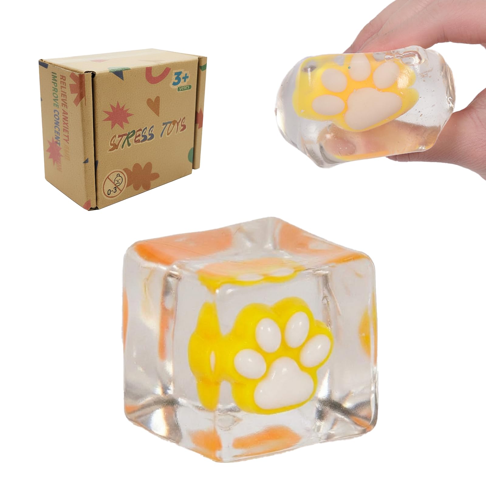 Jiezipeasy Paw Squishy Fidget Toy, Soft Slow-Rising Stress Relief Squeeze Cube, Sensory Handheld Fidget Toy for Kids and Adults, Clear (Yellow)