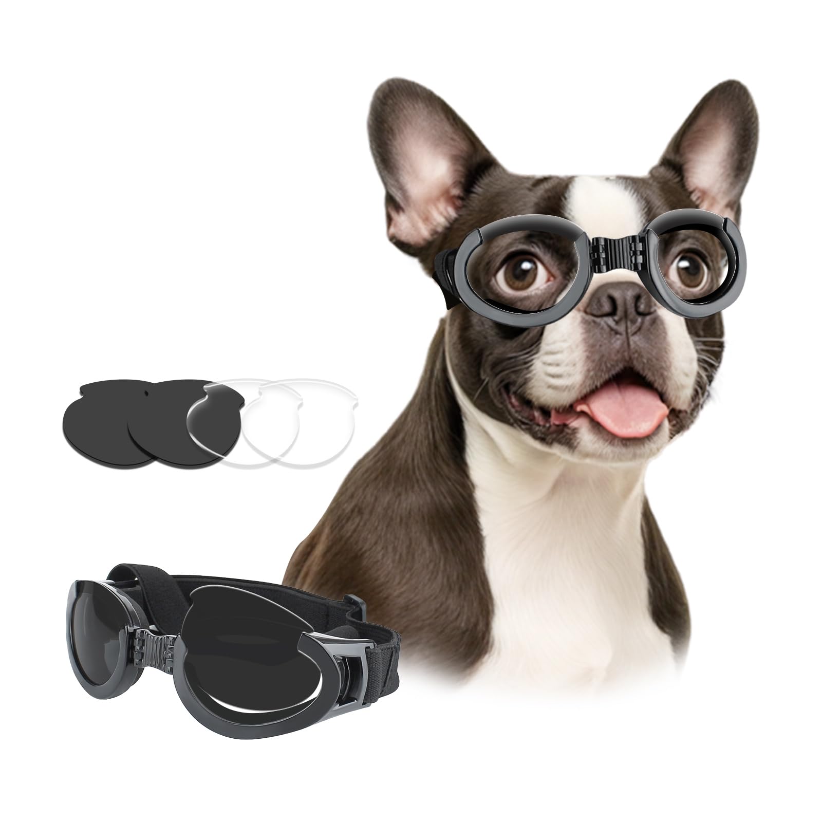 Photo 1 of PETLESO Dog Goggles Medium Breeds, Clear UV Protection Dog Sunglasses with Black Replaceable Lenses, Adjustable Doggy Glasses for Outdoor Activities Hiking/Camping Windproof Pet Eyewear