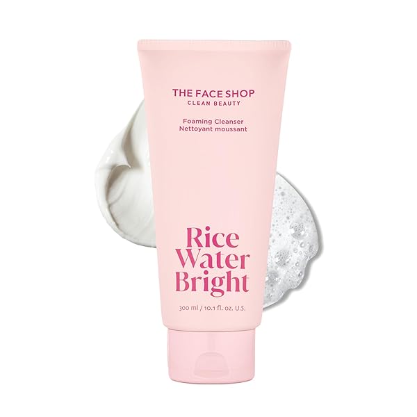 THE FACE SHOP RICE WATER BRIGHT FOAMING FACIAL CLEANSER WITH CERAMIDE, GENTLE FACE WASH FOR HYDRATING & MOISTURIZING, VEGAN FACE CLEANSER, MAKEUP REMOVER, KOREAN SKIN CARE FOR ALL SKIN TYPES, 300ML