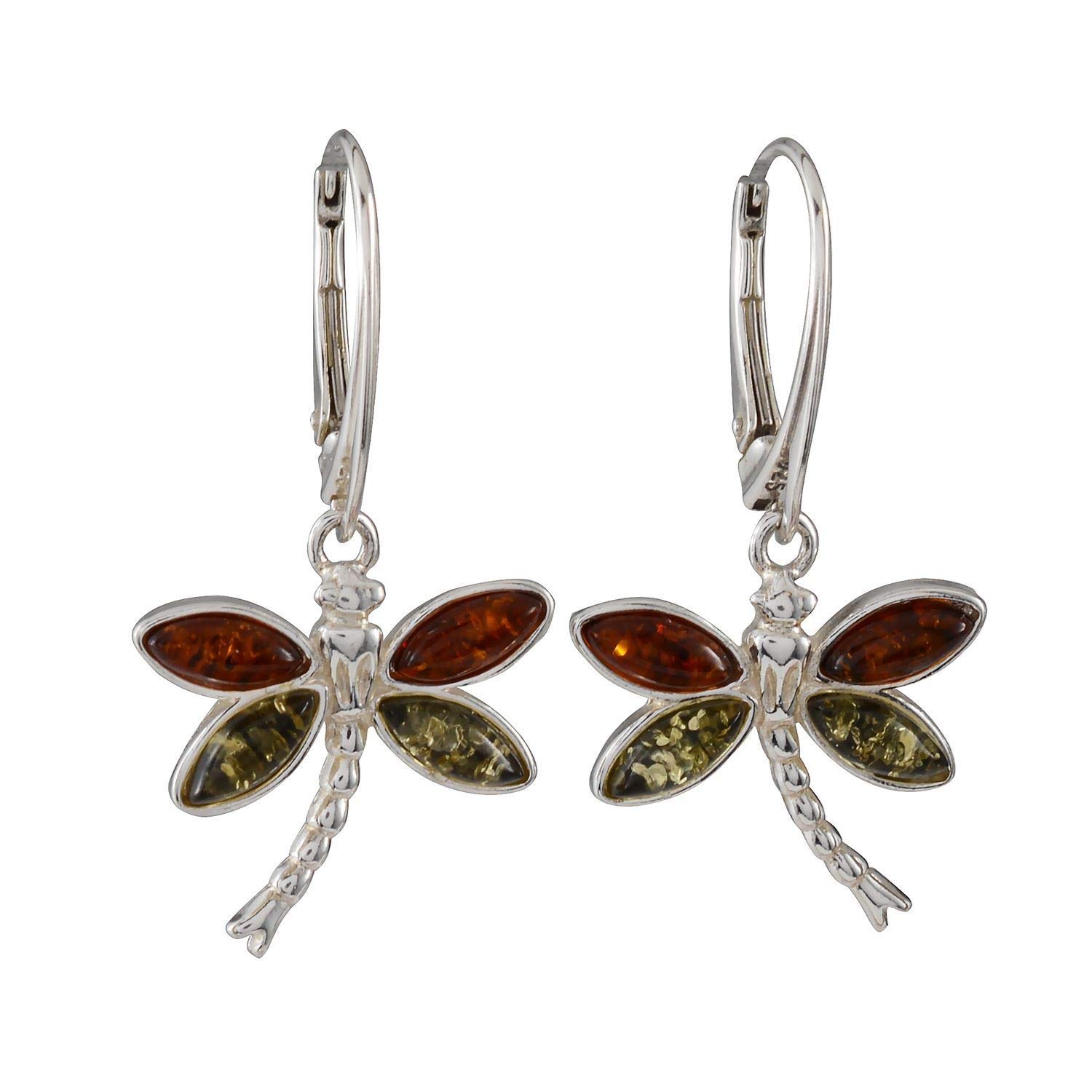 Sterling Silver and Baltic Amber French Leverback Dragonfly Earrings
