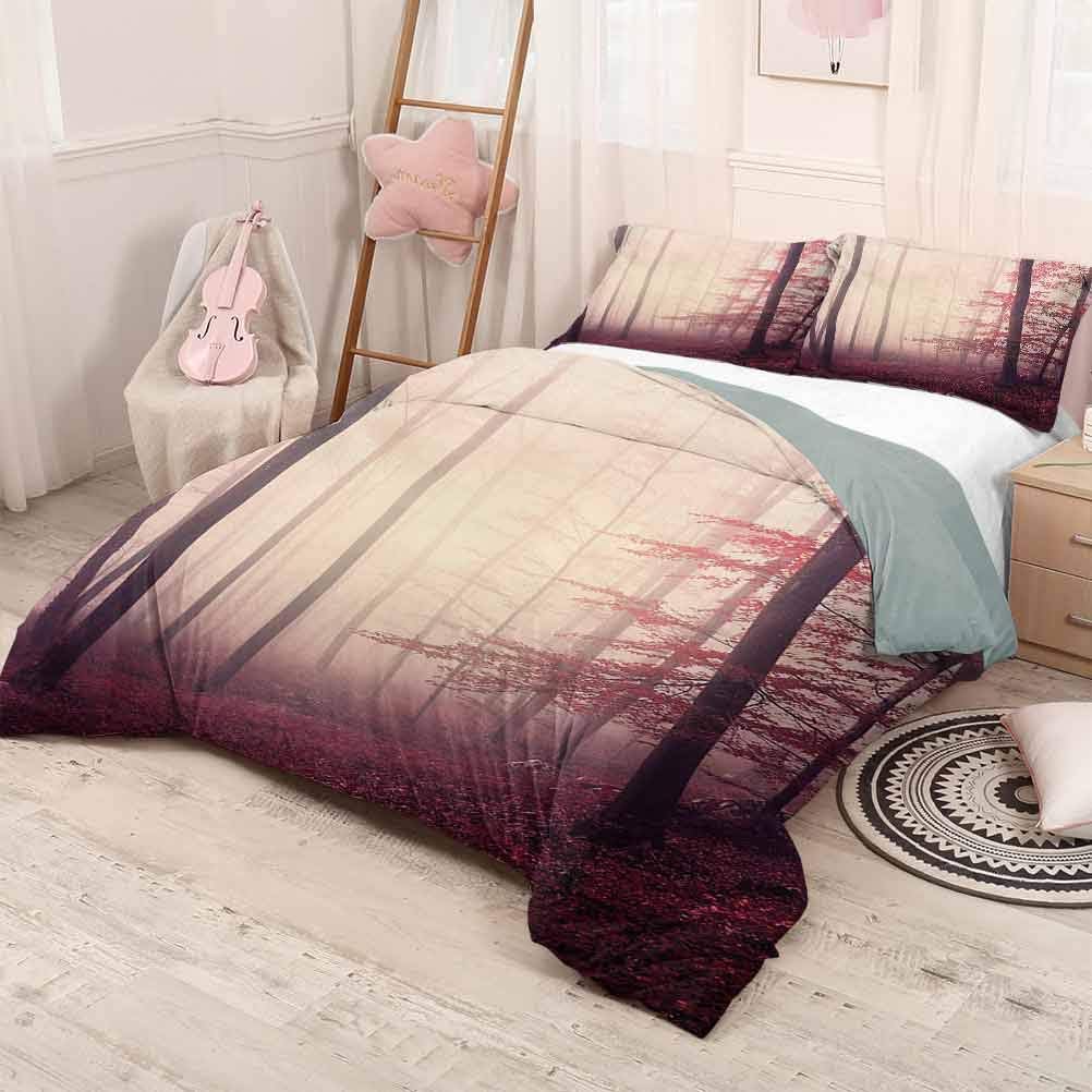 HELLOLEON Woodland Extra Large Quilt Cover Fantasy Marsala Color Foggy Forest Jungle Dreamy Wilderness Woods Sunlight Image Can be Used as a Quilt Cover-Lightweight (Queen) Maroon Peach