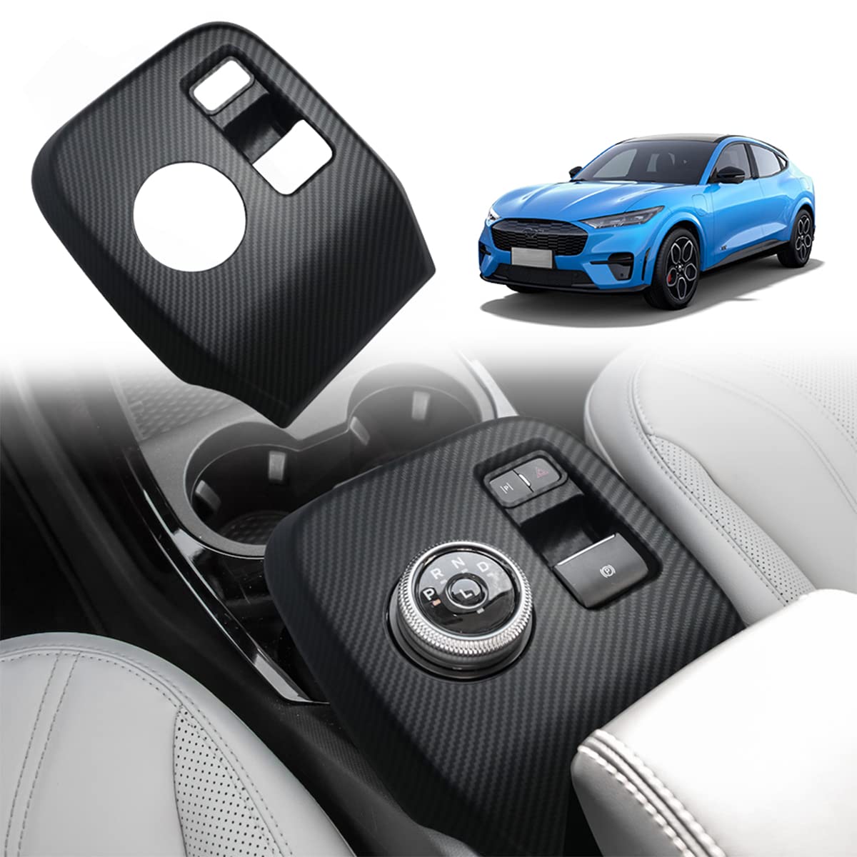 Photo 1 of AOSKonology for Mach E Center Console Gear Shifter Panel Cover Trim Accessories,Gear Panel Decorative Cover ABS Material Compatible with 2021-2024 Mustang Mach E Accessories (Matte Carbon Fiber)