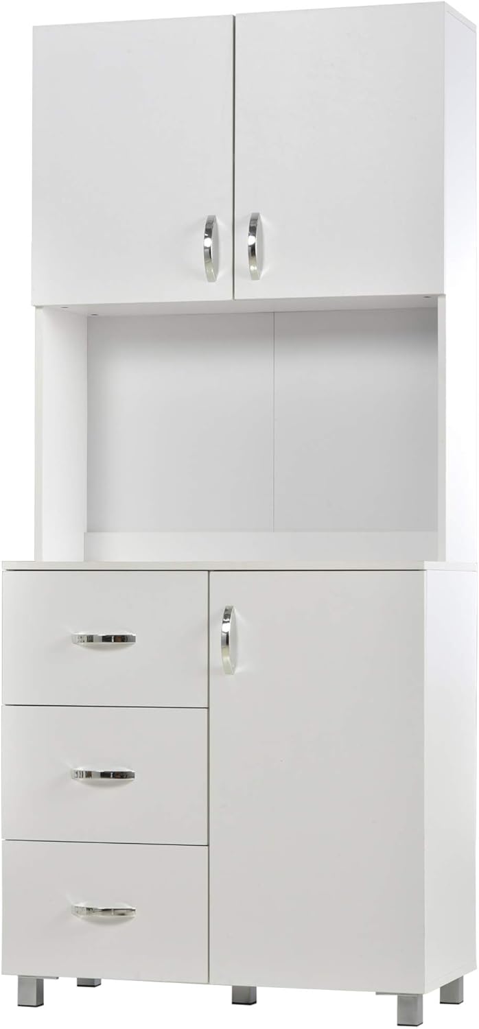 HOMCOM Freestanding Kitchen Buffet with Hutch Storage Pantry with 2 Cabinets, 3 Drawers and 1 Open Space, Adjustable Height Unit, White: Furniture & Decor