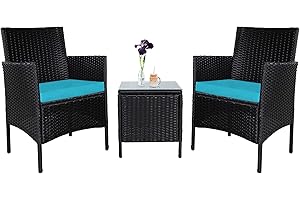 Incbruce 3 Piece Patio Chairs Outdoor Black Wicker Chair Small Patio Furniture, Front Porch Furniture Patio Chairs Set of 2 with Glass Top Coffee Table Patio Bistro Set (Blue Thickened Cushion)