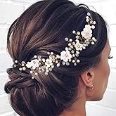 HEREAD Flower Bride Wedding Hair Vine Pearl Bridal Headband Rhinestones Hair Breath Accessories for Women and Girls (B Gold)