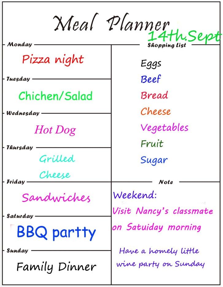 Weekly Meal Planner Menu Planner Magnetic Refrigerator White Board With Shopping List And Notes 30 X 40cm(White)