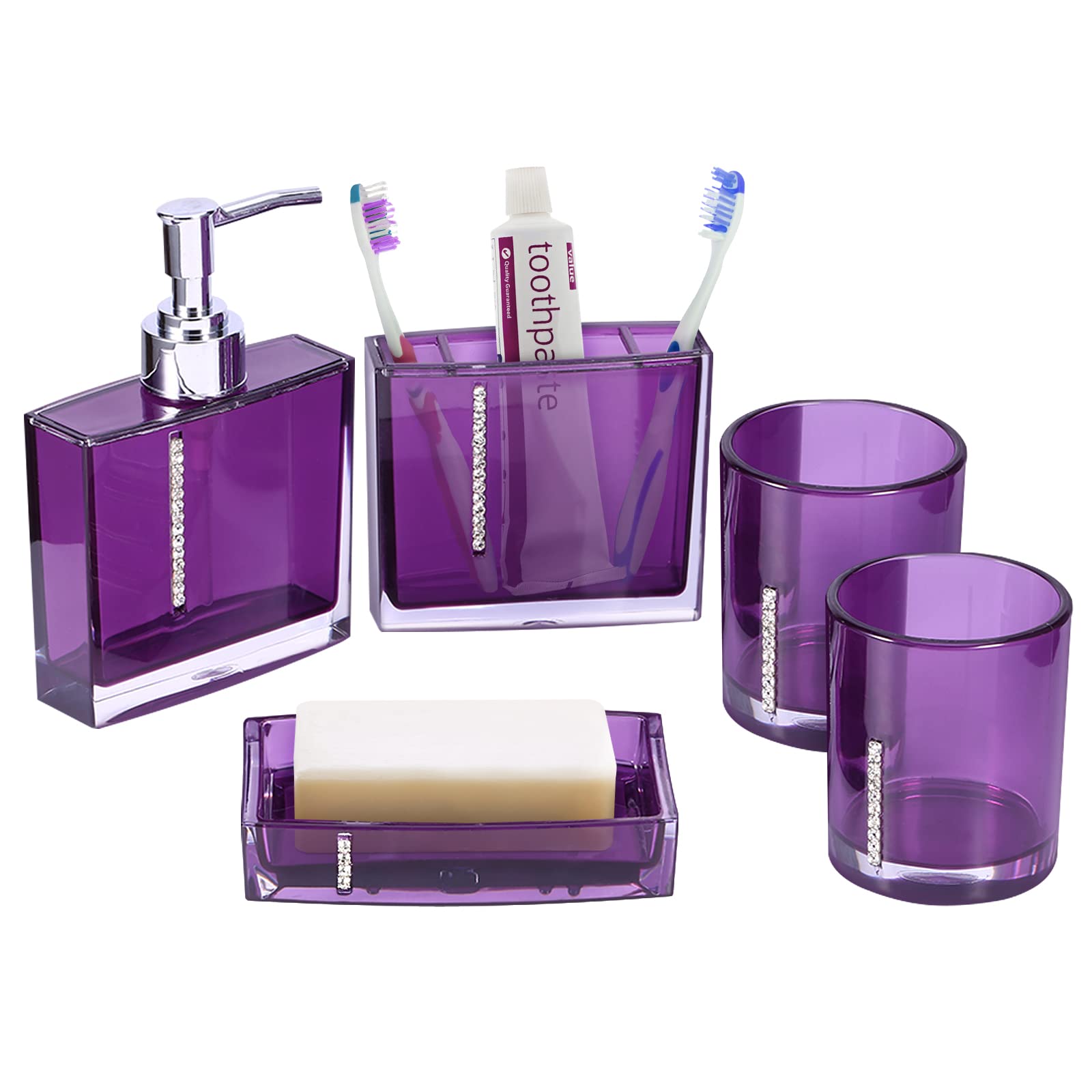 5 Piece Bathroom Accessory Set, Modern Design Acrylic Luxury Bath Vanity Set with Soap Dish, Tooth Brush Holder, Emulsion Bottle, 2 Gargle Cup for Home Bathroom Fashion Gift Set