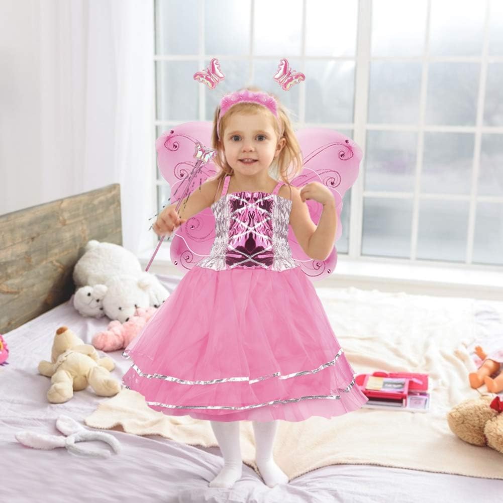 VOWOV Halloween Girls Dress Up Princess Fairy Costume Set with Dress, Wings, Wand and Headband for Children Ages 3-10