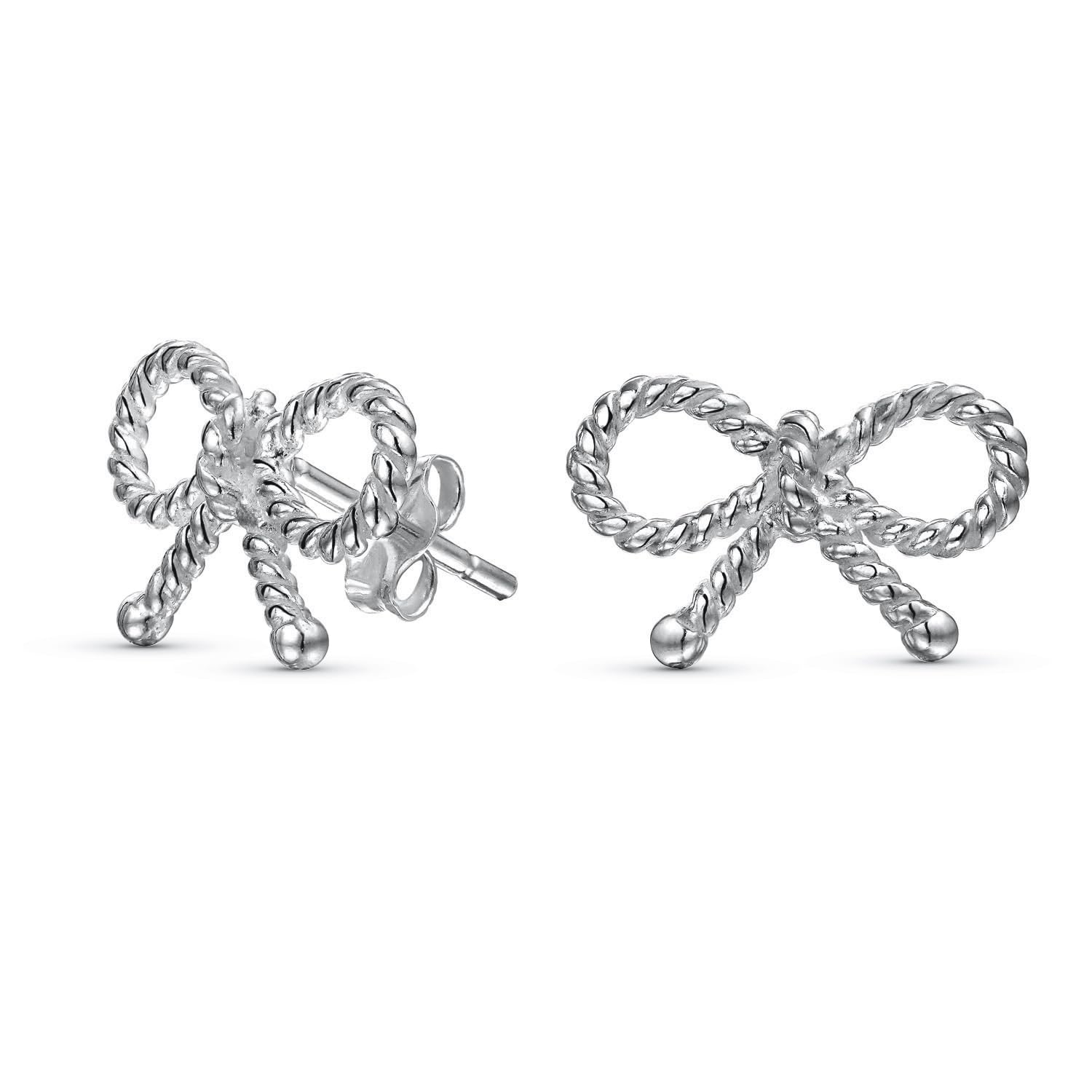 Simple Dainty Twist Rope Cable Ribbon Birthday Present Bow Stud Earrings For Women Teens .925 Sterling Silver โ image 1