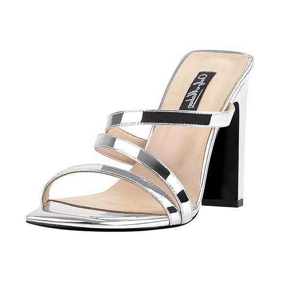 Onlymaker Frauen High Heels Pantoletten Square Toe Offene Zehe Sandaletten Pumps Silber Slip On Riemchen Sandalen mit Absatz