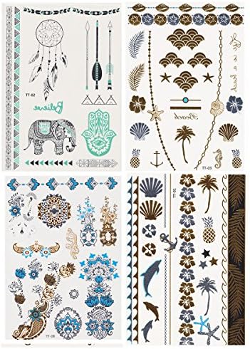 Fun of Jewelry Metallic Golden and Silver Temporary Tattoo Fake Tattoo Waterproof Non-toxic Tattoo Stickers Assorted Set of 4 Pcs: Color B