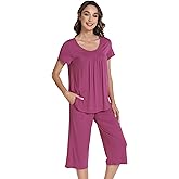 WiWi Pajamas for Women Soft Cooling Short Sleeve Sleepwear with Capri Pants Viscose from Bamboo Pjs Sets S-XXL